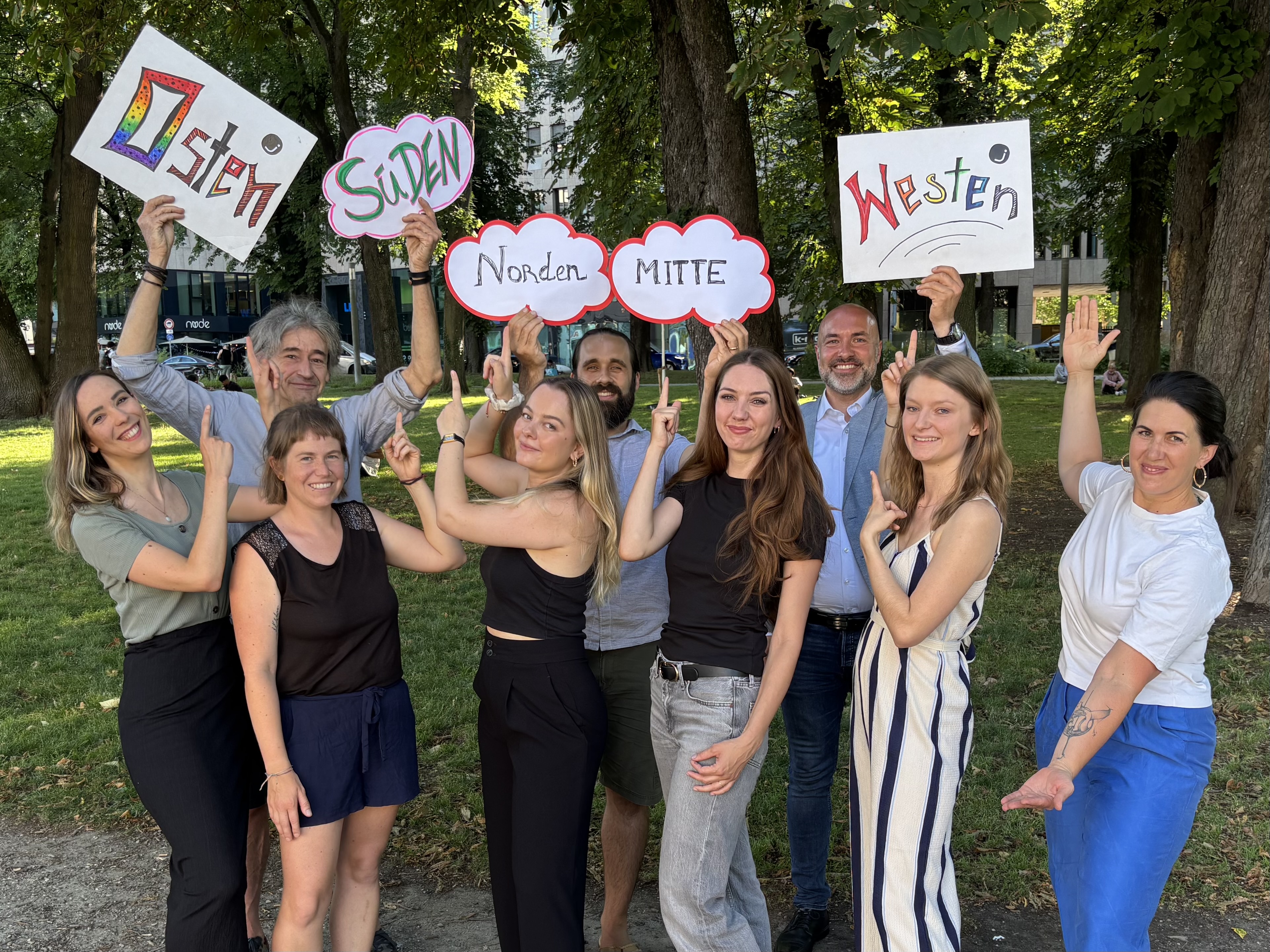 Drei Männer und sechs Frauen halten Schilder hoch, auf denen die Himmelsrichtungen stehen.