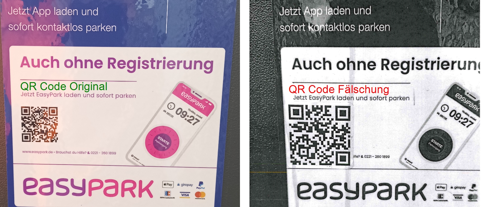 zwei Ansichten eines Parkscheinautomaten: links mit Original-QR-Code, rechts die Fälschung