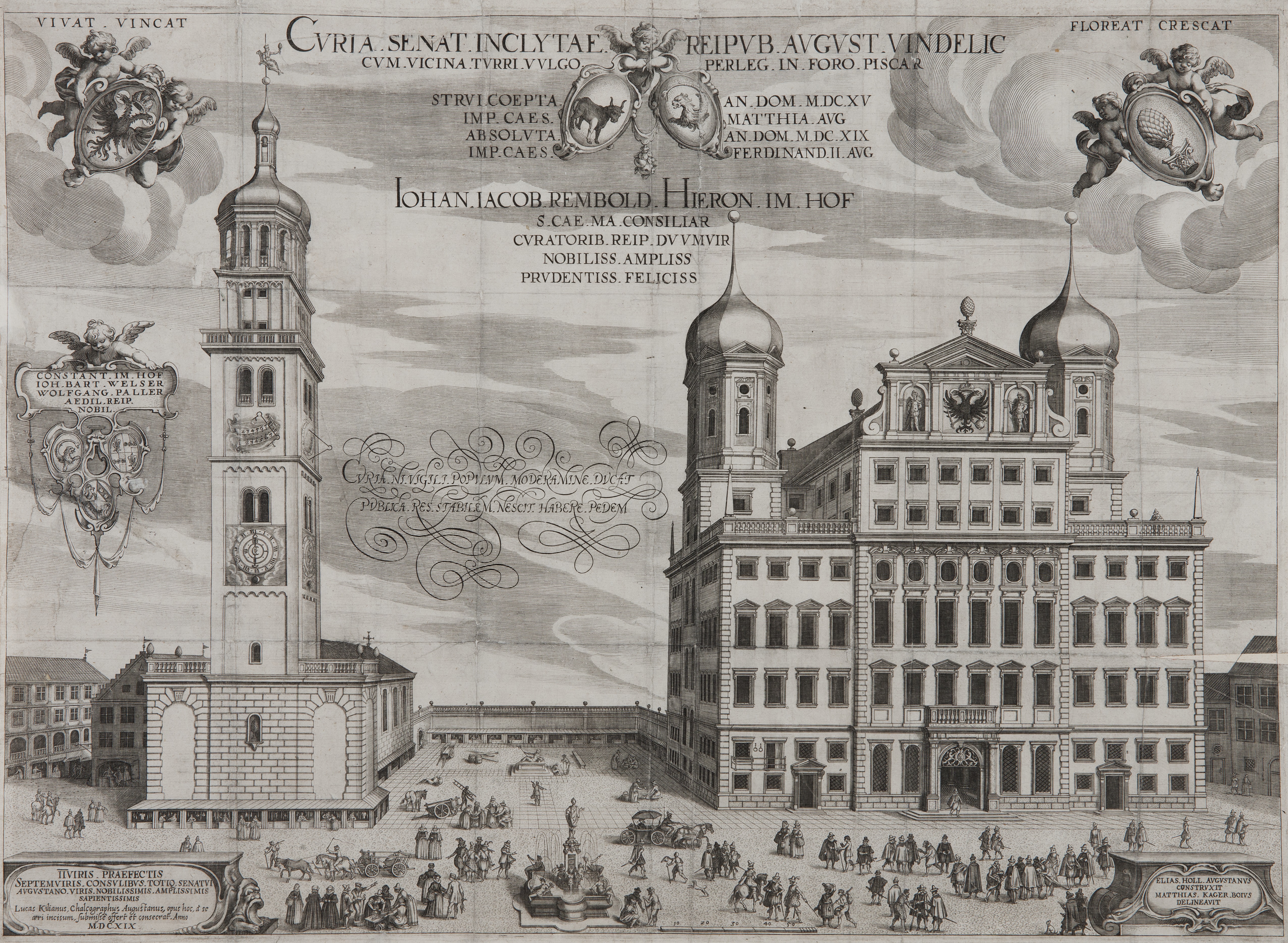 Eine historische Zeichnung von Perlachturm und Rathaus