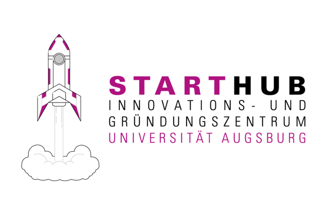 Eine Startende Rakete, daneben ein Schrifzug in Lila und Schwarz: StartHub Innovations- und Gründungszentrum Universität Augsburg