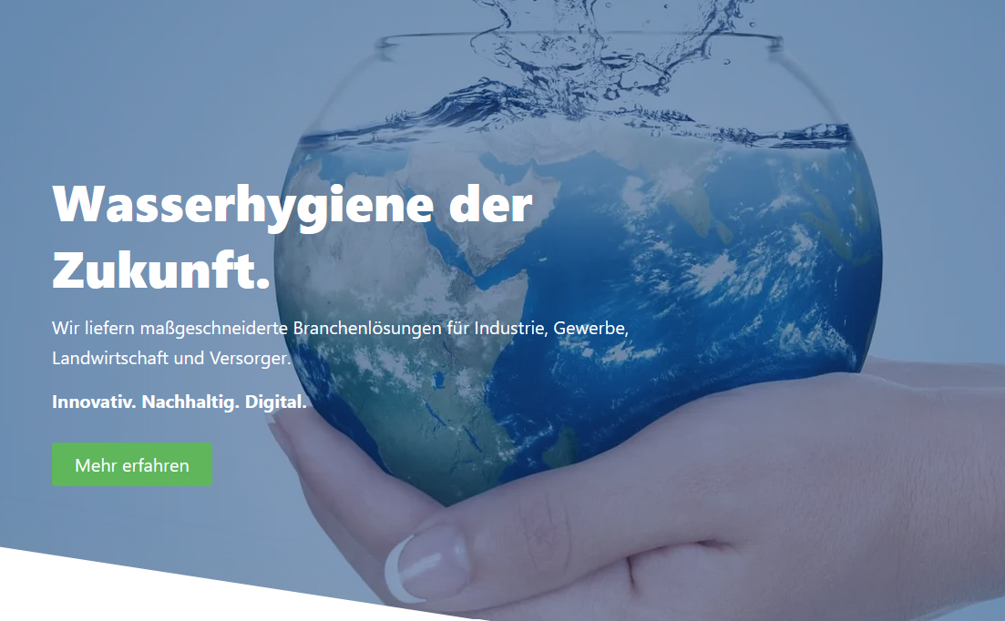 Screenshot der Homapge von Vicion green solutions. Eine Hand hält eine Erdkugel, die wie ein Wasserglas gefüllt ist. Darüber steht "Wasserhygiene der Zukunft"