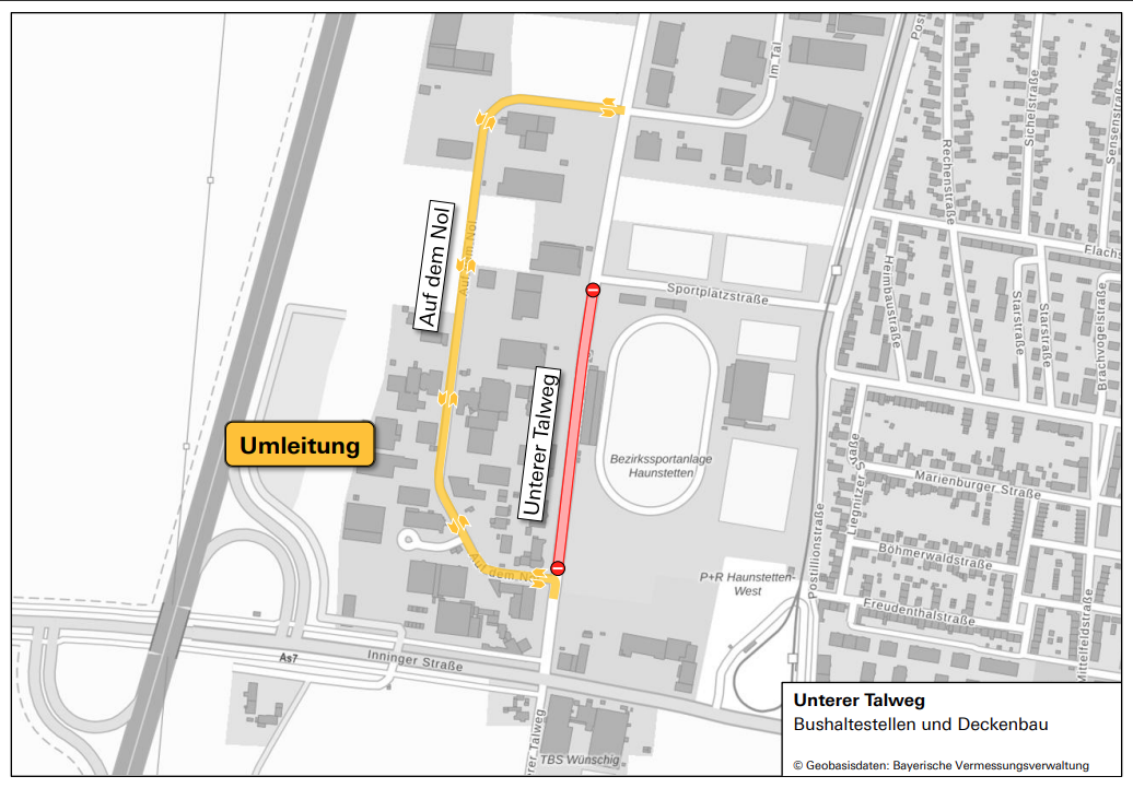 Straßenkarte zeigt die Umleitung für die Baustelle