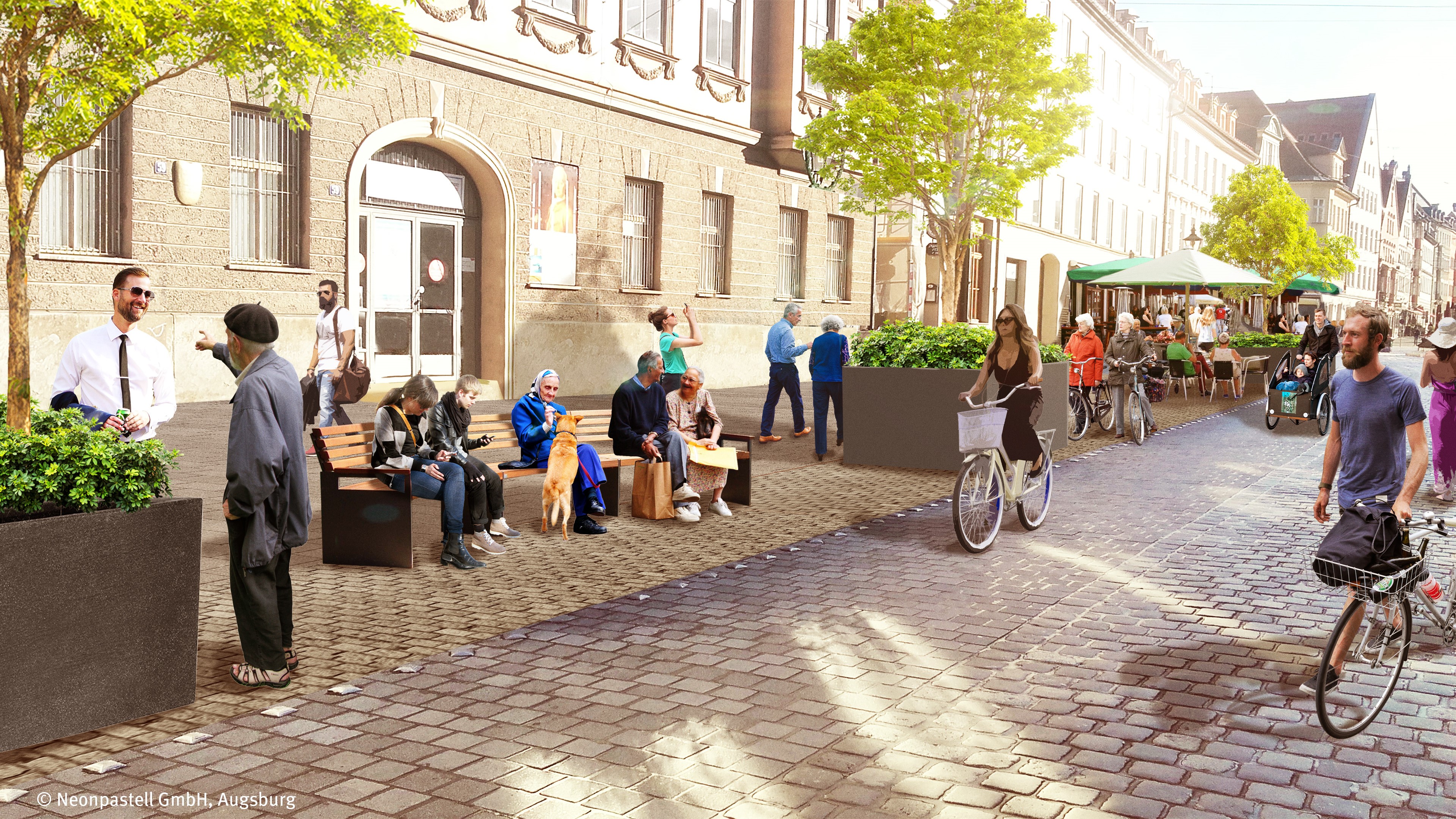 Grafische Darstellung der Maximilianstraße mit Sitzbänken und Pflanzkübeln. Menschen halten sich hier auf und unterhalten sich. Auch Fahrradfahrer sind zu sehen.