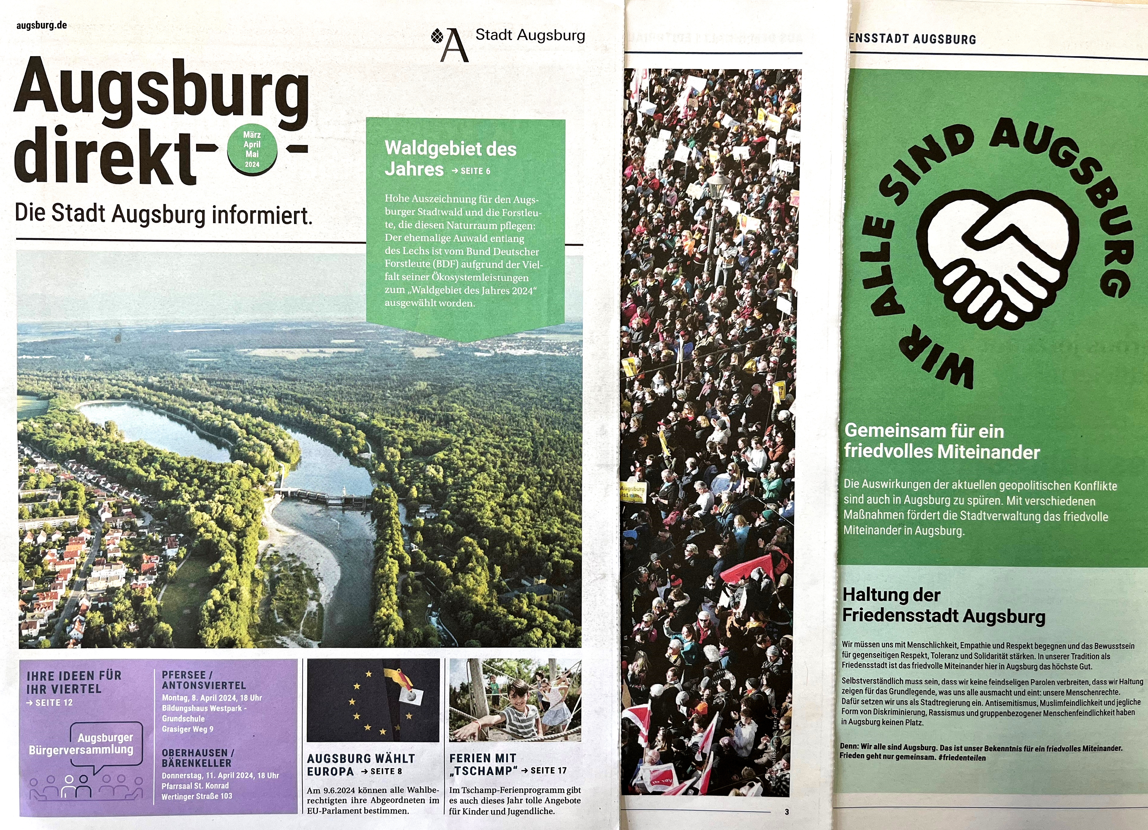 Titelseite und zwei Innenseiten der Zeitung "Augsburg direkt". Auf dem Titel ist ein Bild des Augsburger Stadtwalds von oben zu sehen