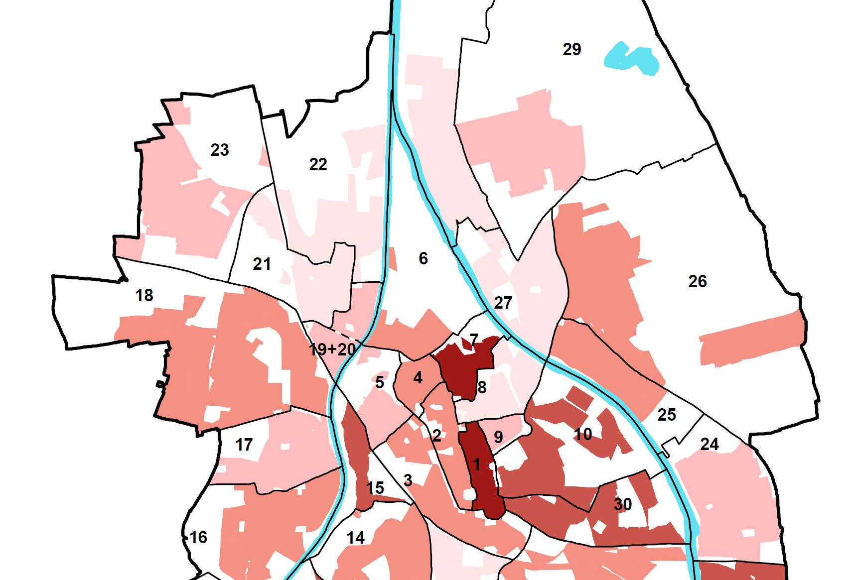 Ausschnitt aus einem Stadtplan der Stadt Augsburg. Die Stadtteile sind unterschiedlich eingefärbt. Die Farben stehen für unterschiedliche Ausprägungen der Corona-Pandemie. 