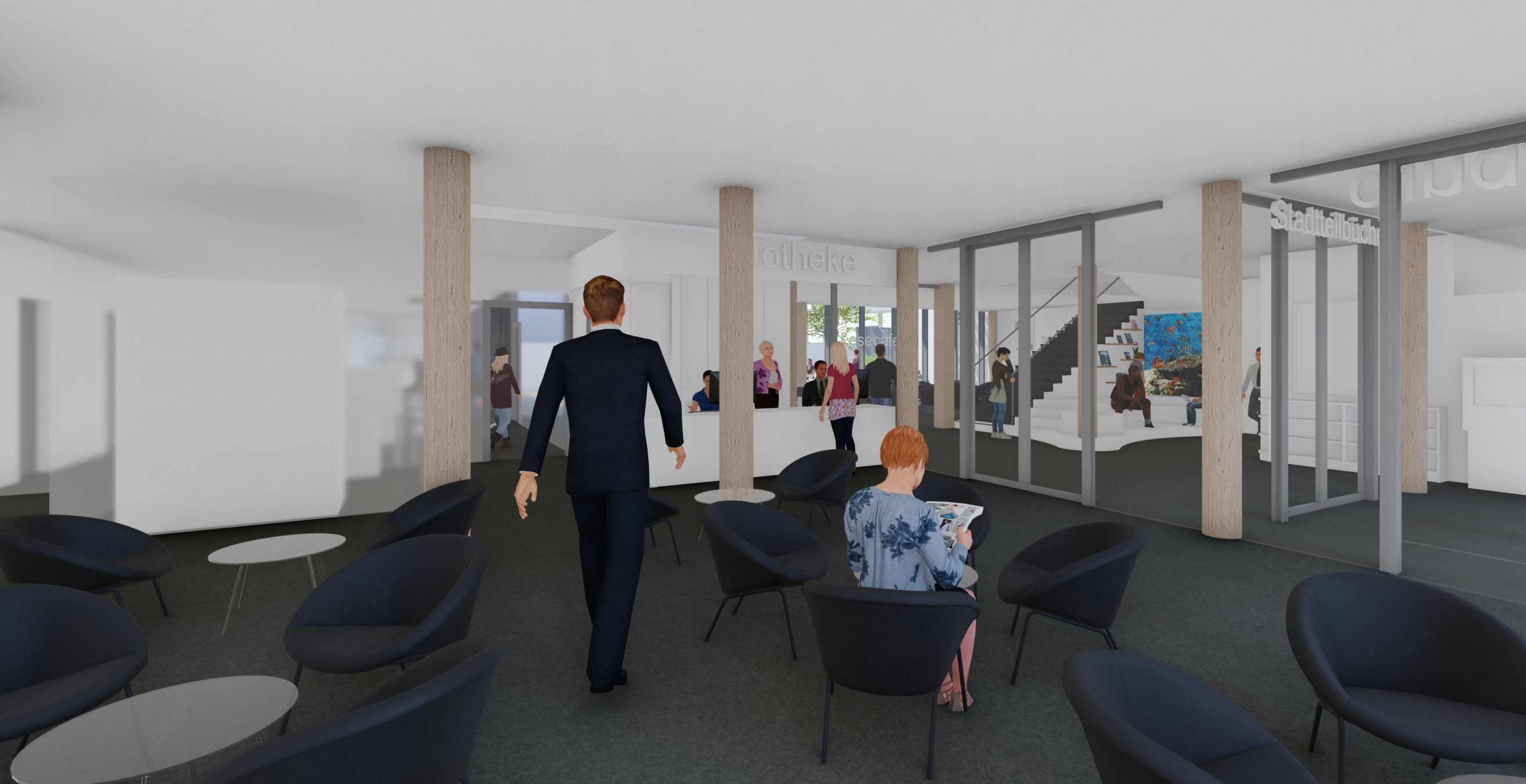 Wartebereich des künftigen Bürgerbüros in Göggingen. Visualisierung: Architektekturbüro Walcher