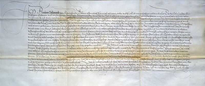 Bestallungsurkunde für den Augsburger Brunnenmeister Anthoni Hilleprand; 11. April 1551; Pergament, braune Tinte, 23,5 cm h x 50 cm b; Stadtarchiv Augsburg, Bestallungsurkunden 1551 IV 11.