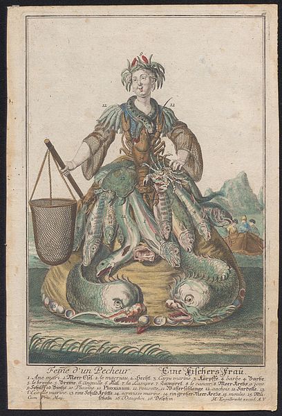 Allegorische Darstellung einer Fischersfrau mit Fluß- und Meerestieren; Martin Engelbrecht, 1730; kolorierter Kupferstich, 31 cm h x 21 cm b; Privatbesitz.