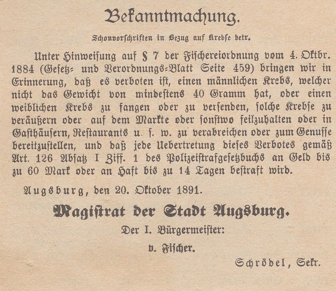 Bekanntmachung über Schonfristen beim Krebsfang; 20. Oktober 1891; Druck, Papier, 8,5 cm h x 9,5 cm b; Stadtarchiv Augsburg, HAV Aktengebiet 2 (Polizeiwesen) – Bestand 32, Nr. 299.