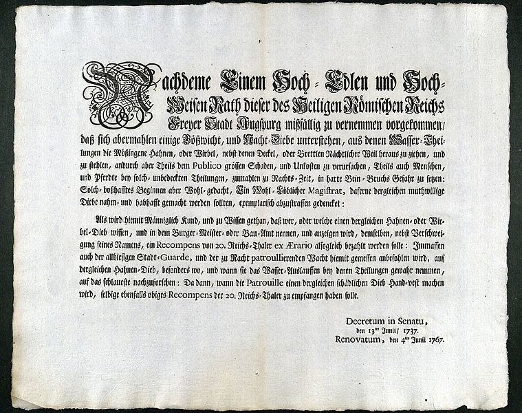 Dekret des Augsburger Rates gegen den Diebstahl von Wasserhähnen; 13. Juni 1737 / 4. Juni 1767; Druck, Papier, 34,5 cm h x 42,5 cm b; Stadtarchiv Augsburg, Dekretensammlung, Dubletten Nr. 231.
