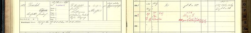 Ausschnitt aus: Stadtarchiv Augsburg, Ersatzkommission des Aushebebezirks Augsburg-Stadt, Nr. 294: Alphabetische Liste der im Aushebungsbezirk Augsburg Stadt gemusterten Wehrpflichtigen des Musterungsjahrgangs 1918 (Geburtsjahr 1898) / Orig., Papier, Amtsbuch gebunden, 35 cm x 46 cm x 8 cm (b x h x t), ca. 600 Blatt; Einband: Pappe mit Rücken und Ecken aus Lederbesatz.