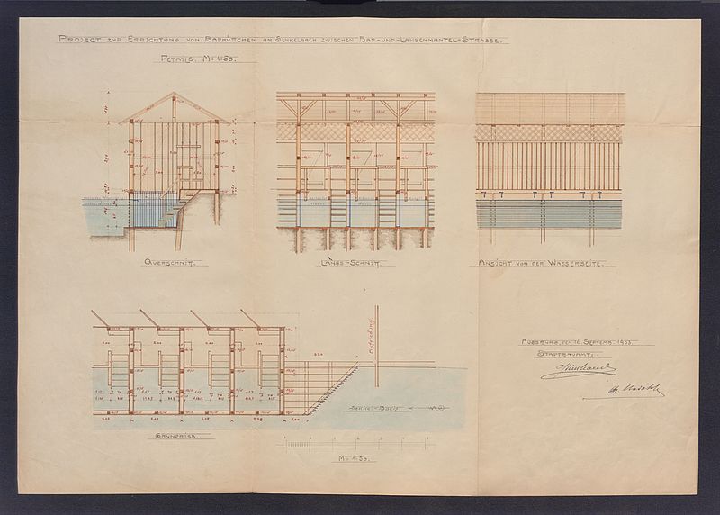 Konstruktionszeichnung des Hüttenbads am Senkelbachkanal; 16. September 1903; kolorierte Federzeichnung, Papier, 41,5 cm h x 49,5 cm b x 1,5 cm t; Stadtarchiv Augsburg, HAV, Aktengebiet 4 (Wirtschaft) – Bestand 34, Nr. 820.