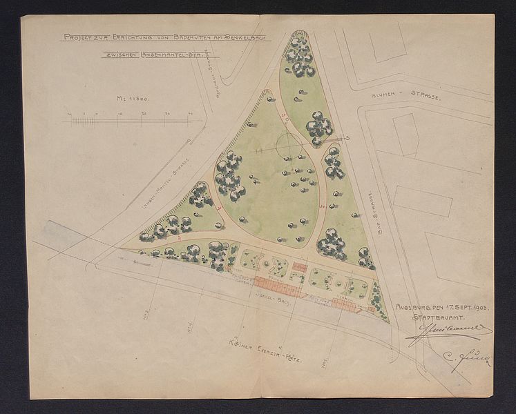 Lageplan des Hüttenbads am Senkelbachkanal; 1903; kolorierte Federzeichnung, Papier, 33 cm h x 40 cm b (Reprografie: 29 cm h x 35 cm b); Stadtarchiv Augsburg, HAV, Aktengebiet 4 (Wirtschaft) – Bestand 34, Nr. 820.