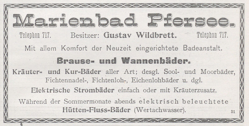 Werbeanzeige für das Marienbad in Pfersee; 1906; Band, Druck, Papier, 6,5 cm h x 13 cm b (Reprografie: 8,5 cm h x 17 cm b); Stadtarchiv Augsburg, Bibliothek, AB I 13 618.