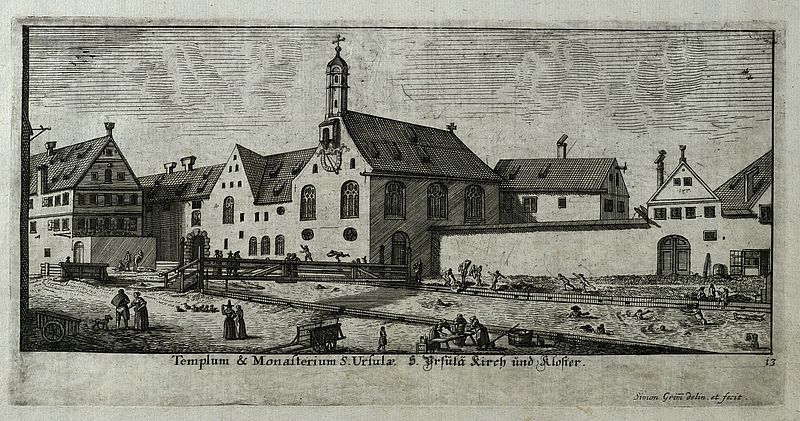 Nacktbaden am Schwalllech bei St. Ursula; Simon Grimm, um 1678; Kupferstich, Papier, 19 cm h x 31 cm b (Reprografie: 12 cm h x 24 cm b); Stadtarchiv Augsburg, Bibliothek, AB I 13 570.
