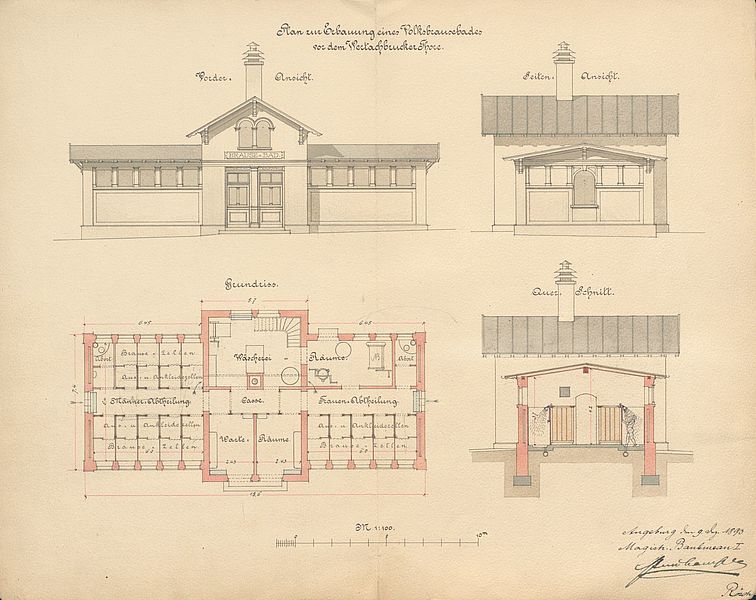 Volksbrausebad an der Langenmantelstraße; 1893; kolorierte Federzeichnung, Papier, 33 cm h x 41,5 cm b x 10 cm t; Stadtarchiv Augsburg, Kämmerei, Akten – Bestand 18, Nr. 388.