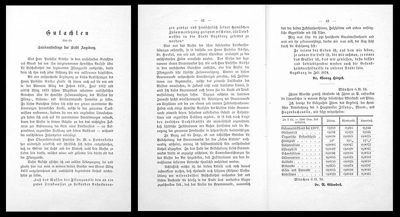 Gutachten über die Trinkwasserverhältnisse der Stadt Augsburg; Juli 1874; Broschüre, Papier, geheftet, 92 S., 23 cm h x 14,5 cm b x 10,5 cm t, S. 41–43; Stadtarchiv Augsburg, Polizeidirektion Augsburg, Polizeisachregistratur – Bestand 5, Nr. 432.