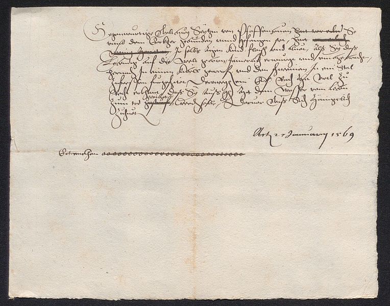 Abstimmung des Augsburger Rats über die Verurteilung der Kindsmörderin Walburga Seitz zum Tod durch Ertränken; 27. Januar 1569; Papier, schwarze Tinte, 18 cm h x 22,5 cm b; Stadtarchiv Augsburg, Stadtgericht, Urgichten 1569 I 27.