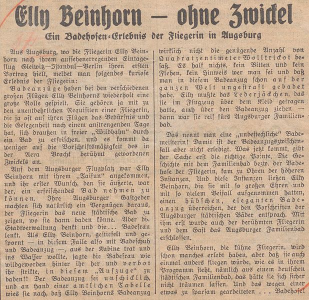 Zeitungsbericht im Berliner Abendblatt über das Augsburger Badeerlebnis von Elly Beinhorn; 3. September 1935; Druck (Ausschnitt auf Papier), 31 cm h x 23 cm b; Stadtarchiv Augsburg, Stadtgeschichtliche Dokumentationen, Zeitungsausschnittsammlung, Mappe 1772.