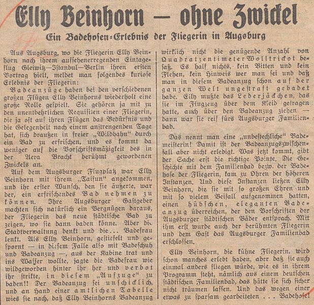 Zeitungsbericht im Berliner Abendblatt über das Augsburger Badeerlebnis von Elly Beinhorn; 3. September 1935; Druck (Ausschnitt auf Papier), 31 cm h x 23 cm b; Stadtarchiv Augsburg, Stadtgeschichtliche Dokumentationen, Zeitungsausschnittsammlung, Mappe 1772.