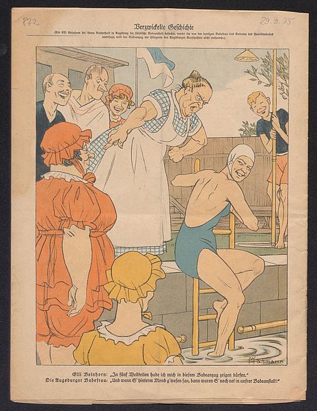 Karikatur zum „Vorfall Beinhorn“ im Augsburger Familienbad am Plärrer; 29. September 1935; Zeitschrift „Kladderadatsch“ mit Zeichnung des Karikaturisten Werner Hahmann; farbiger Druck, Papier , 31 cm h x 23,5 cm b (aufgeschlagen: 47 cm b); Stadtarchiv Augsburg, Stadtgeschichtliche Dokumentationen, Schriftdokumentation, Materialien und Druckschriften, Nr. 217.