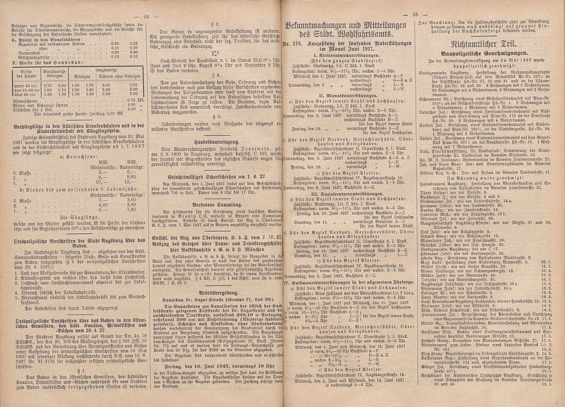 Ortspolizeiliche Vorschriften über das Baden in Augsburger Gewässern; 29. April 1927; Amts-Blatt der Bayerischen Stadt Augsburg, Nr. 22, Bd. 82 (28. 5. 1927), Druck, Papier mit grünem Pappeinband, 29,5 cm h x 21 cm b, S. 62; Stadtarchiv Augsburg, Bibliothek, AB VI 154-182/1.