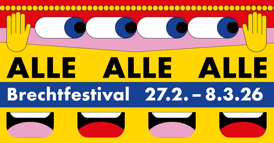 graphisches Festivallogo mit vielen Augen, Händen und einem Mund in gelb und rot
