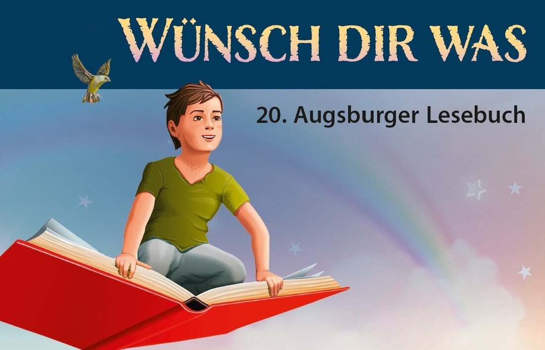 Ein Buchcover mit einem Jungen, der auf einem Buch fliegt. Der Titel des Biches lautet "wünsch dir was".