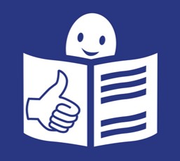 Das Bild zeigt das Logo für Leichte Sprache von Inclusion Europe. Es ist ein Männchen, das ein Heft liest. Auf dem Heft ist ein Daumen hoch-Zeichen. Das Logo ist weiß, der Hintergrund ist dunkelblau.