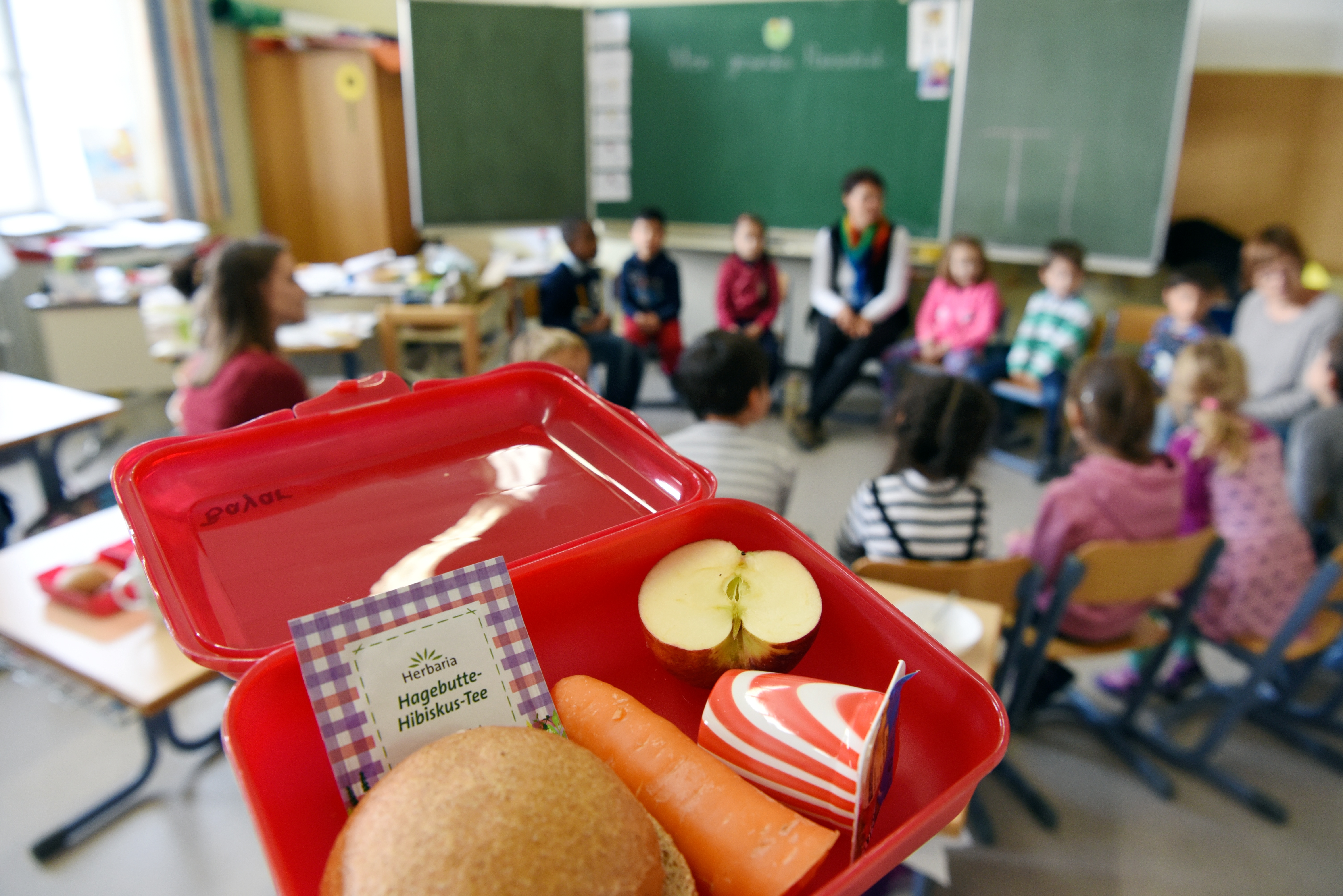 Im Vordergrund ist eine geöffnete Brotbox zu sehen. In der Box ist eine Semmel, eine Karotte, ein halber Apfel, ein Joghurt-Becher und ein Teebeutel. Im Hintergrund sitzt eine Schulklasse im Stuhlkreis vor der Tafel. 