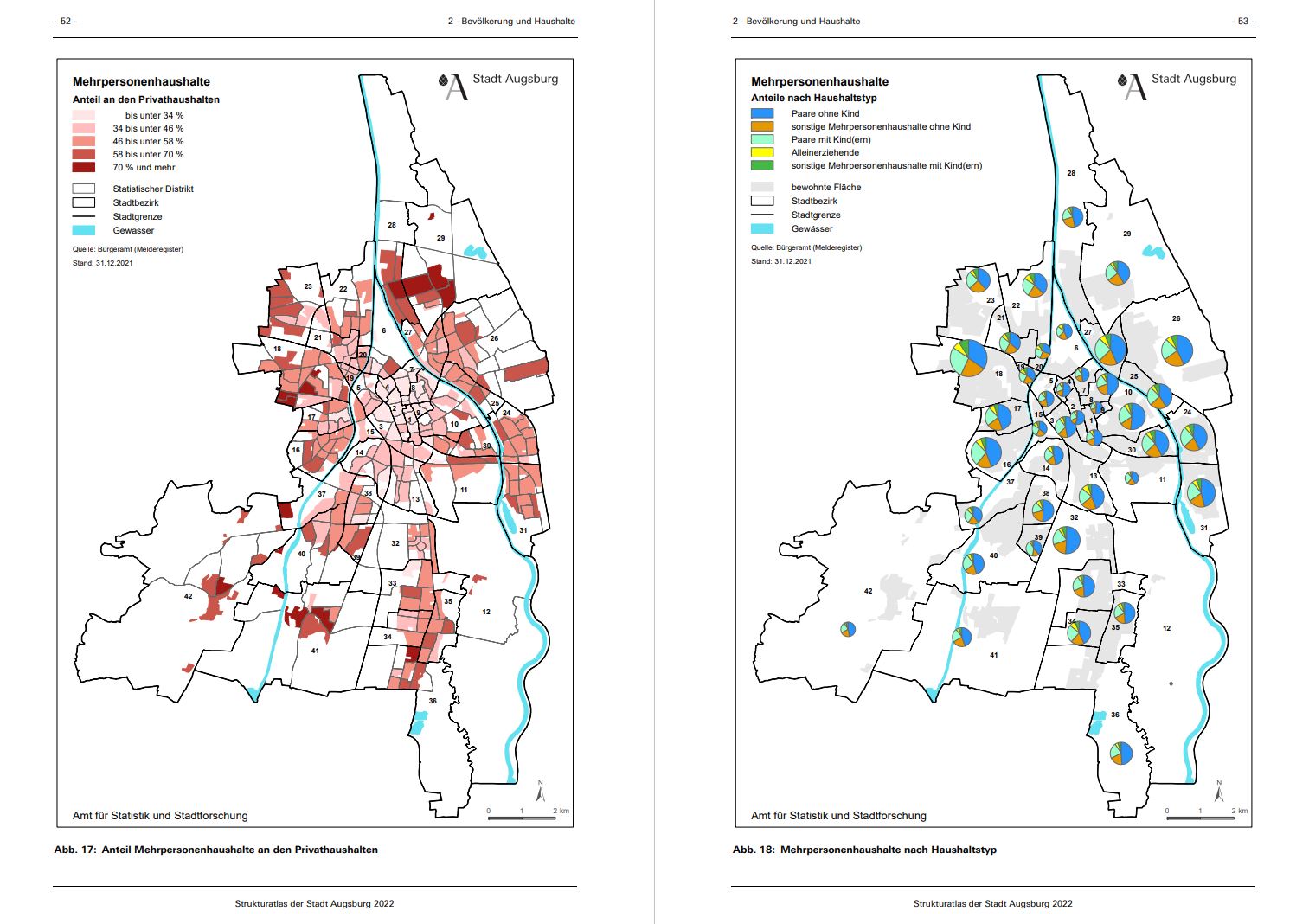 Ausschnitt aus dem Strukturatlas mit zwei Stadtkarten, auf denen der Anteil an Mehrfamilienhaushalten grafisch dargestellt wird.